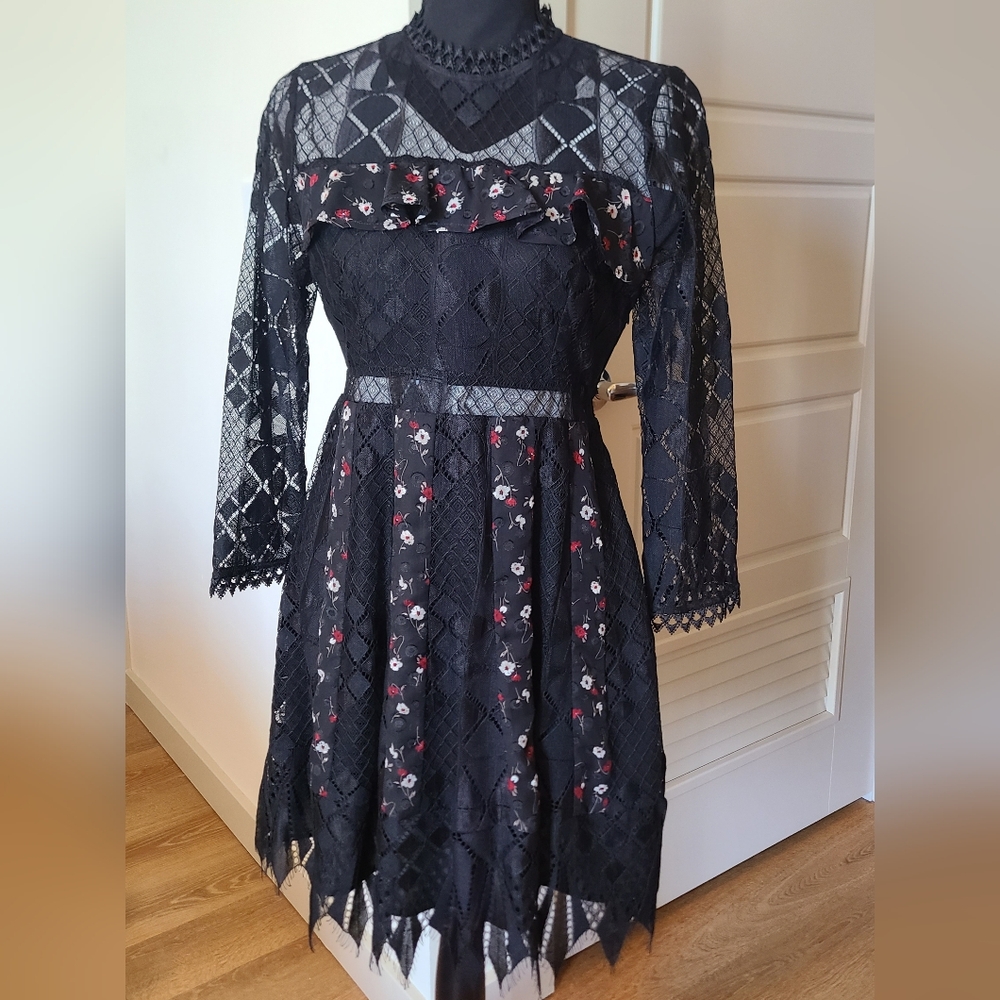 Foxiedox Black Lace Dress with Floral Accents